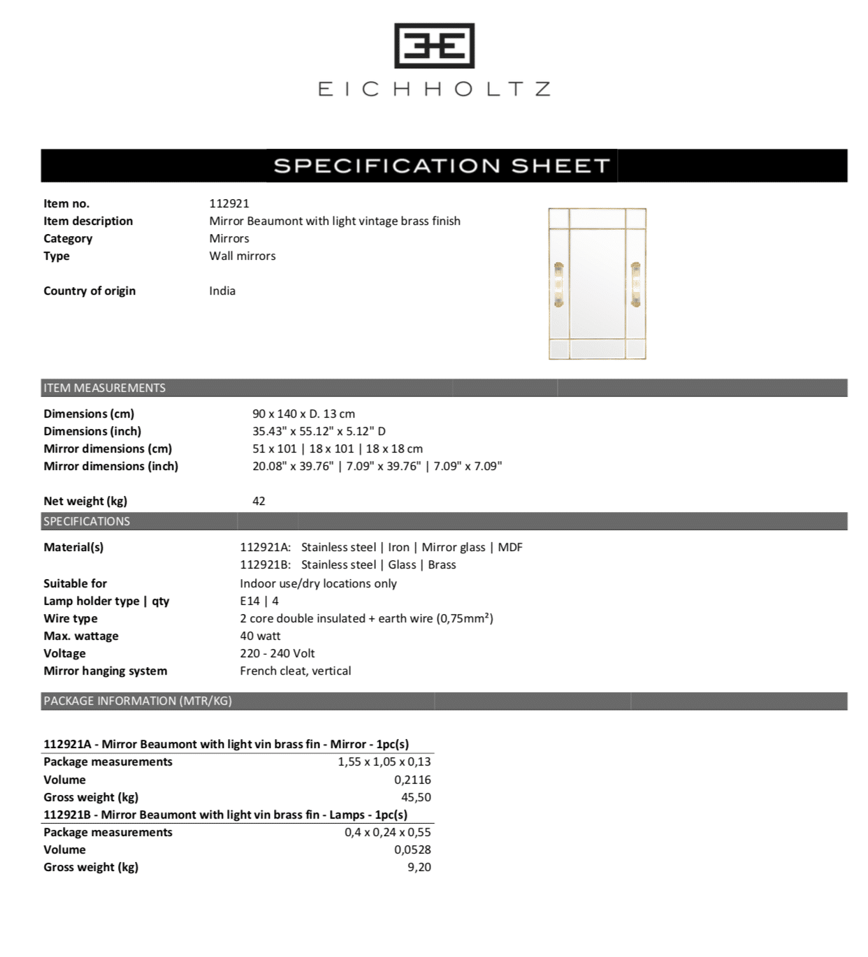 Spegel Beaumont m lampa