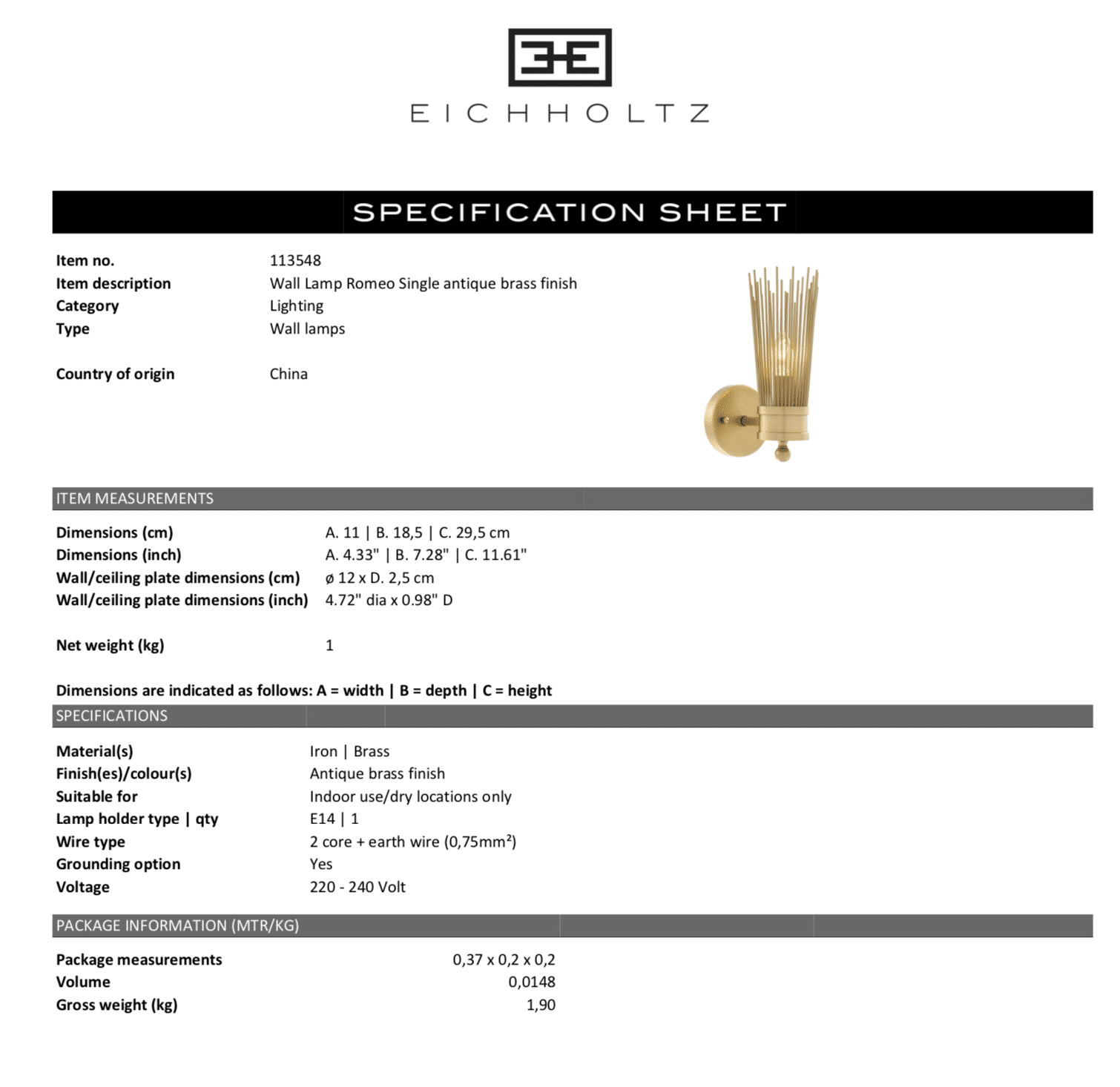 Vägglampa Romeo singel