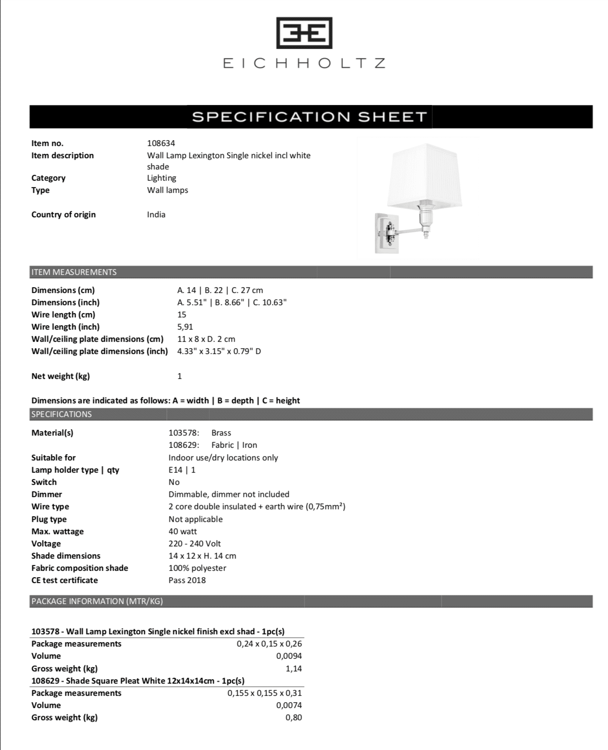 Vägglampa Lexington Single